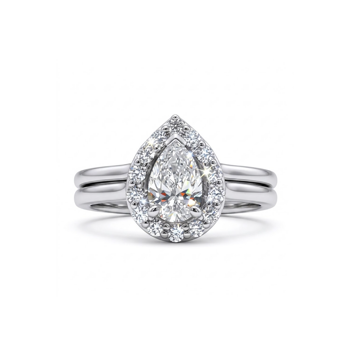 0.57 Carat Pear-Shaped Diamond with Diamond Halo Bridal Ring Set in 14K White Gold