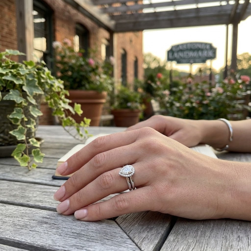 0.57 Carat Pear-Shaped Diamond with Diamond Halo Bridal Ring Set in 14K White Gold