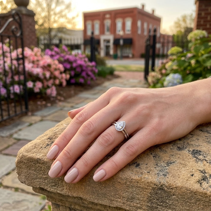 Pear Halo Diamond Bridal Set | 14K White Gold | .57 CT Pear Center Diamond | 23841L - Brownee Jewelers