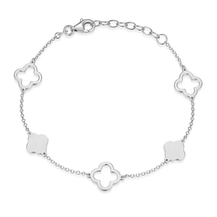 6.5 inch Adjustable Rhodium-Plated Stainless Steel Clover Station Bracelet with Faceted Rolo Chain