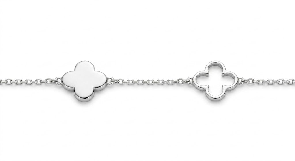 6.5 inch Adjustable Rhodium-Plated Stainless Steel Clover Station Bracelet with Faceted Rolo Chain