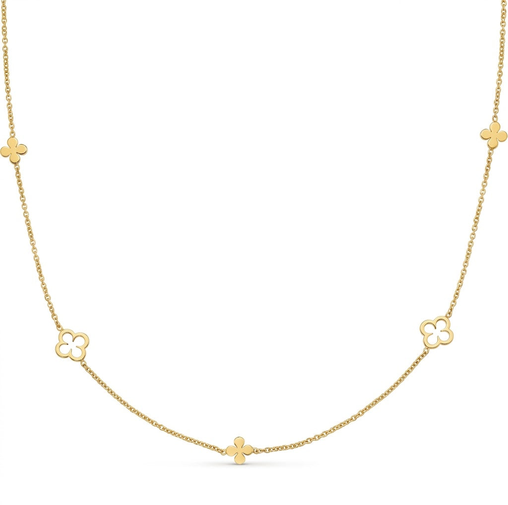 18 Inch Alternating Clover Station Necklace in 14K Yellow Gold