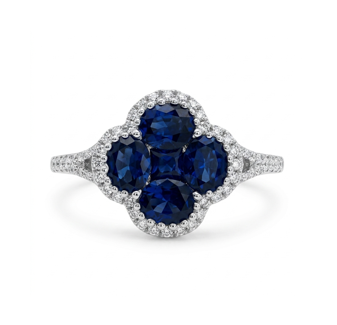 Lab-Grown Sapphire Clover Halo Ring | 14K White Gold | 1.84CT Lab-Grown Sapphire & .34CT Lab-Grown Diamond Ring | Floral Cluster Design - Brownee Jewelers