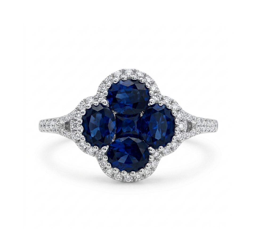 Lab-Grown Sapphire Clover Halo Ring | 14K White Gold | 1.84CT Lab-Grown Sapphire & .34CT Lab-Grown Diamond Ring | Floral Cluster Design - Brownee Jewelers