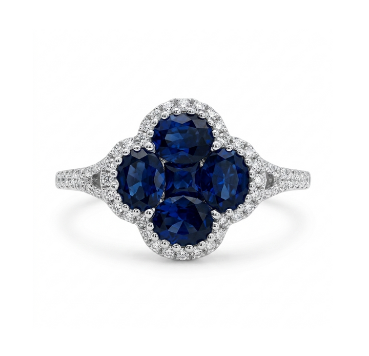 Lab-Grown Sapphire Clover Halo Ring | 14K White Gold | 1.84CT Lab-Grown Sapphire & .34CT Lab-Grown Diamond Ring | Floral Cluster Design - Brownee Jewelers