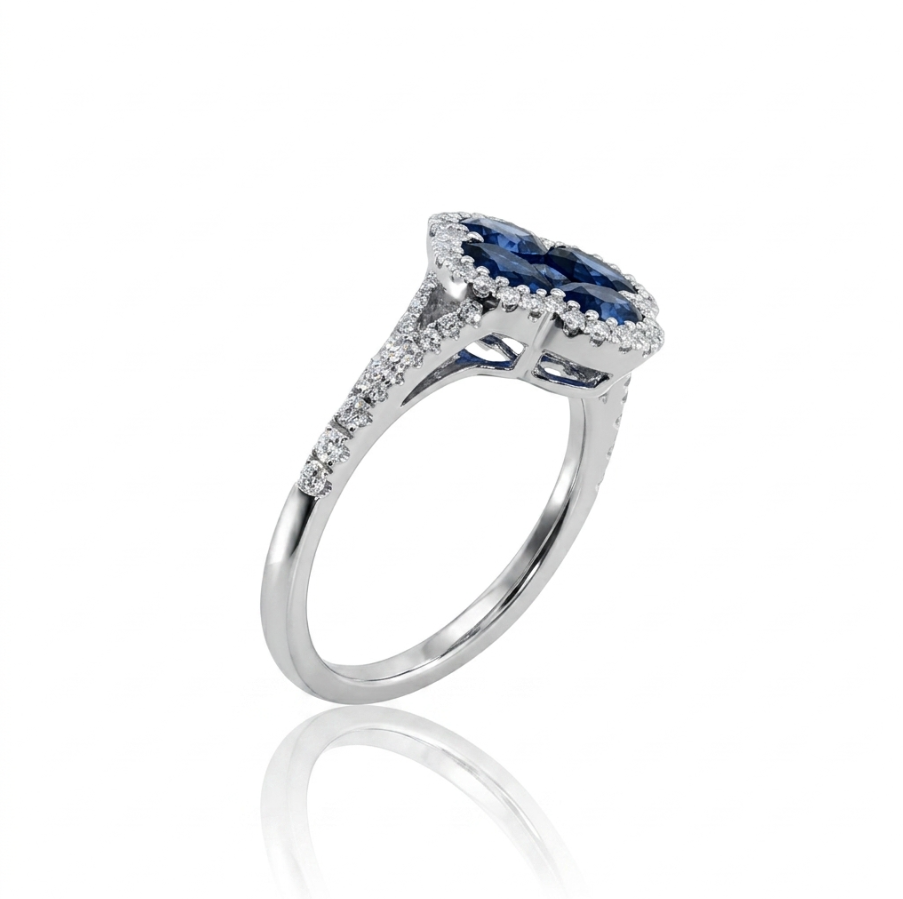Lab-Grown Sapphire Clover Halo Ring | 14K White Gold | 1.84CT Lab-Grown Sapphire & .34CT Lab-Grown Diamond Ring | Floral Cluster Design - Brownee Jewelers