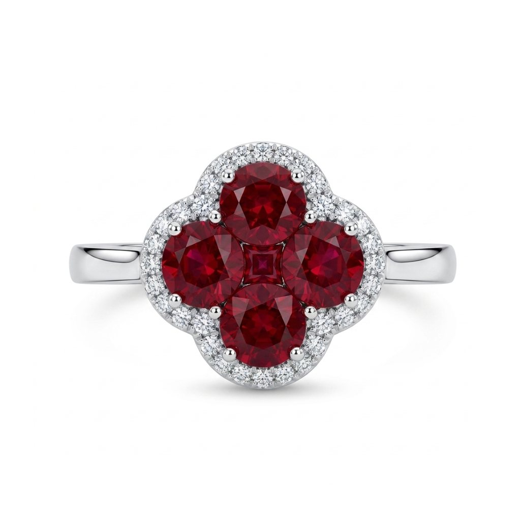 Ruby Clover Halo Ring | 14K White Gold | 1.59CT Ruby & .13CT Diamond Ring | Floral Cluster Halo Design - Brownee Jewelers