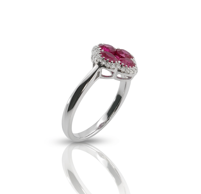 Ruby Clover Halo Ring | 14K White Gold | 1.59CT Ruby & .13CT Diamond Ring | Floral Cluster Halo Design - Brownee Jewelers