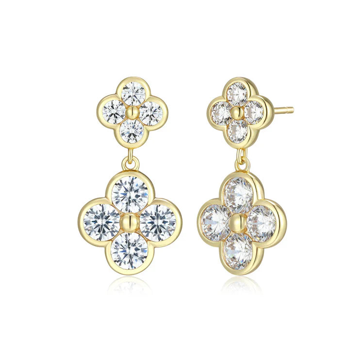 Sterling Silver Gold-Plated 4.25MM Round Cubic Zirconia Clover Drop Earrings