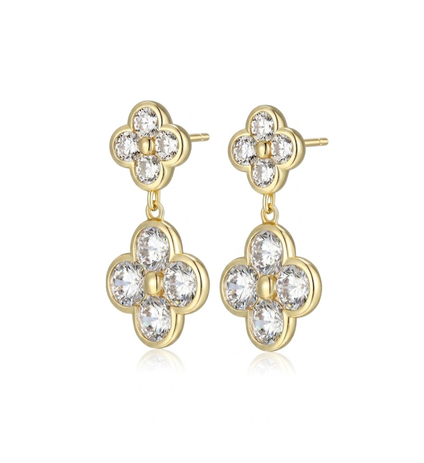 Sterling Silver Gold-Plated 4.25MM Round Cubic Zirconia Clover Drop Earrings