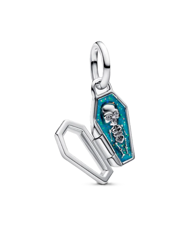 Pandora Openable Coffin with Skeleton Dangle Charm in Sterling Silver with Blue Enamel Glow-in-the-Dark Interior and a "yours forever" Engraving on the Back of the Coffin