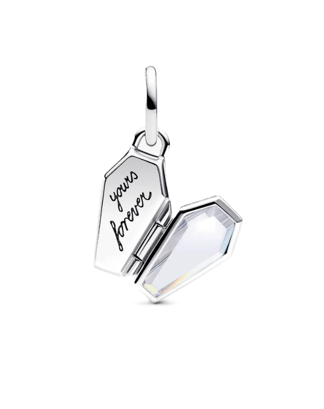 Pandora Openable Coffin with Skeleton Dangle Charm in Sterling Silver with Blue Enamel Glow-in-the-Dark Interior and a "yours forever" Engraving on the Back of the Coffin