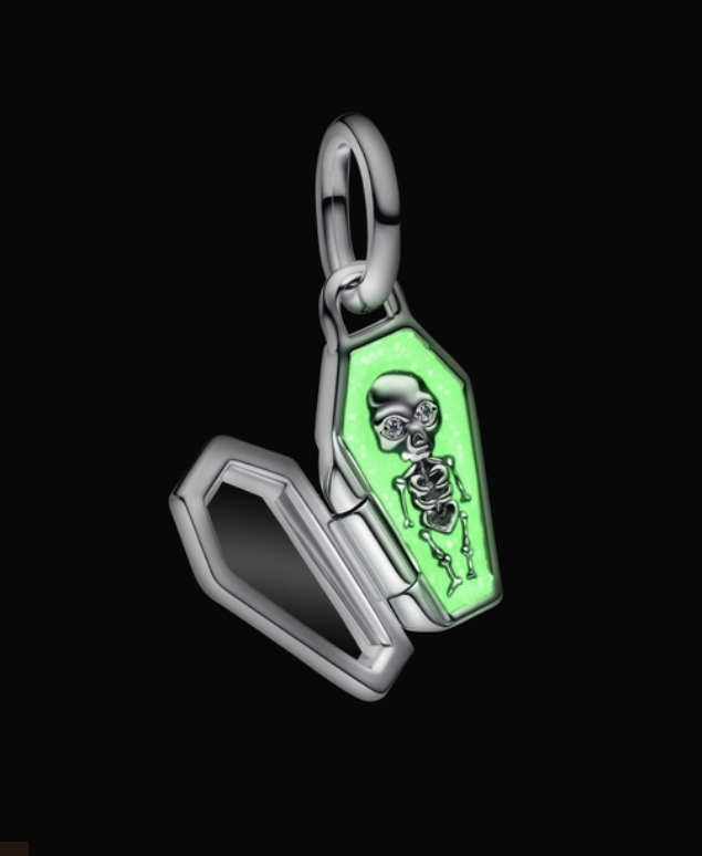 Pandora Openable Coffin with Skeleton Dangle Charm in Sterling Silver with Blue Enamel Glow-in-the-Dark Interior and a "yours forever" Engraving on the Back of the Coffin