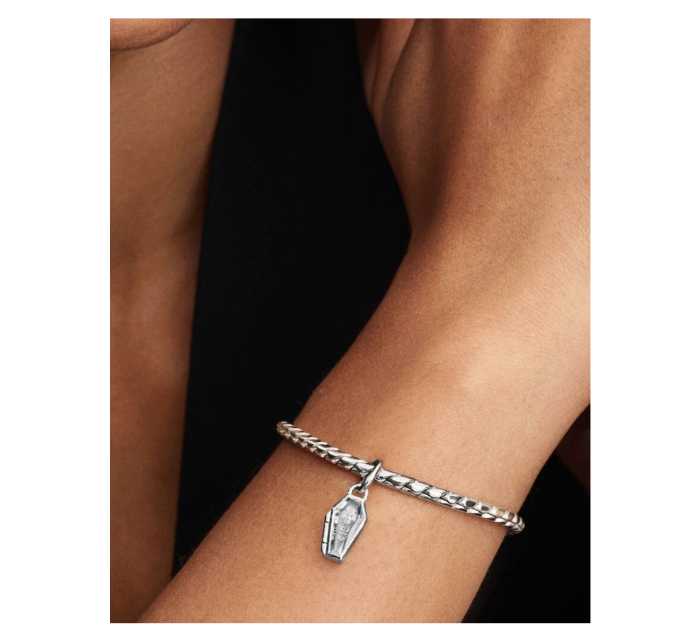 Pandora Openable Coffin with Skeleton Dangle Charm in Sterling Silver with Blue Enamel Glow-in-the-Dark Interior and a "yours forever" Engraving on the Back of the Coffin