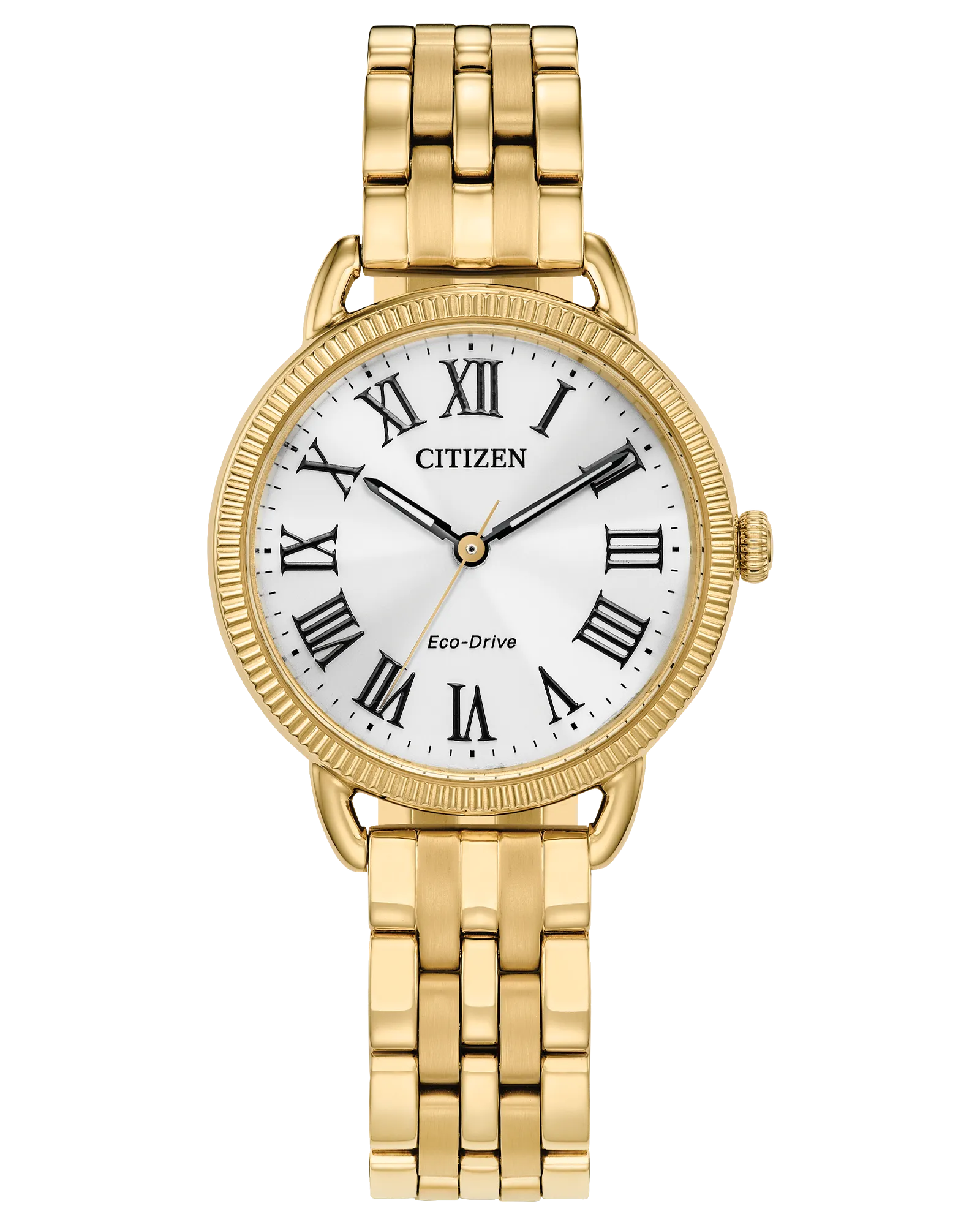 Classic Coin Edge | Citizen Eco-Drive Ladies Watch | Gold-Tone Stainless Steel | Silver Dial Roman Numerals - Brownee Jewelers