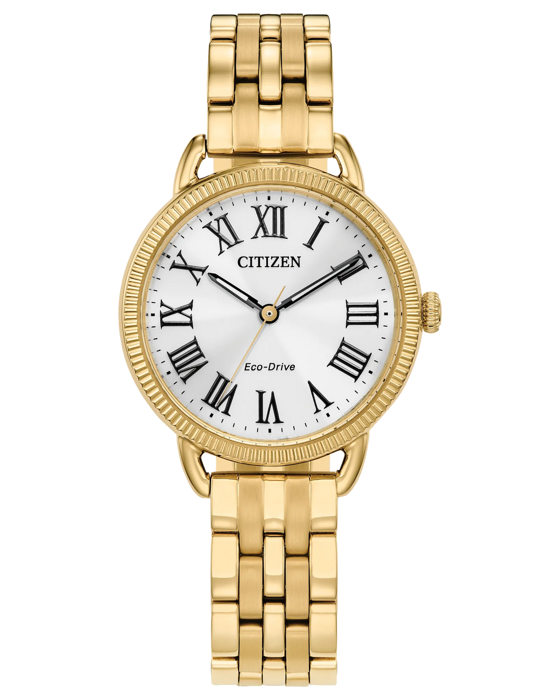 Classic Coin Edge | Citizen Eco-Drive Ladies Watch | Gold-Tone Stainless Steel | Silver Dial Roman Numerals - Brownee Jewelers