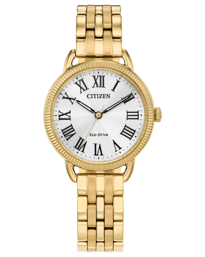 Classic Coin Edge | Citizen Eco-Drive Ladies Watch | Gold-Tone Stainless Steel | Silver Dial Roman Numerals - Brownee Jewelers
