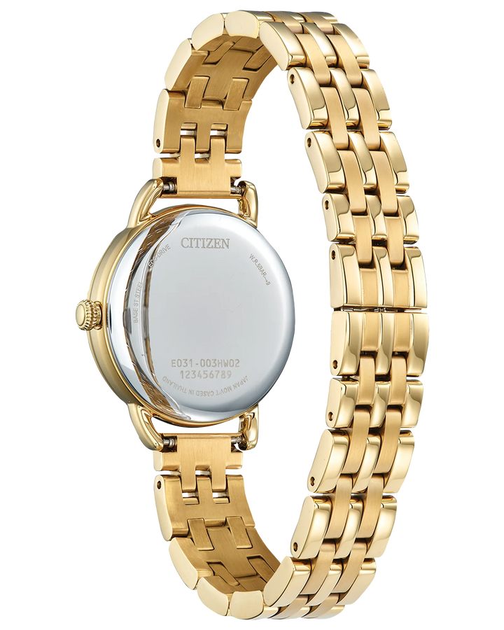 Classic Coin Edge | Citizen Eco-Drive Ladies Watch | Gold-Tone Stainless Steel | Silver Dial Roman Numerals - Brownee Jewelers