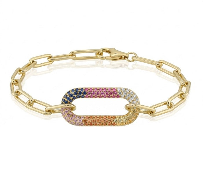 Diamond & Multicolor Pavé Paperclip Link Bracelet | 14K Yellow Gold | 0.69 ctw | Statement Bracelet - Brownee Jewelers