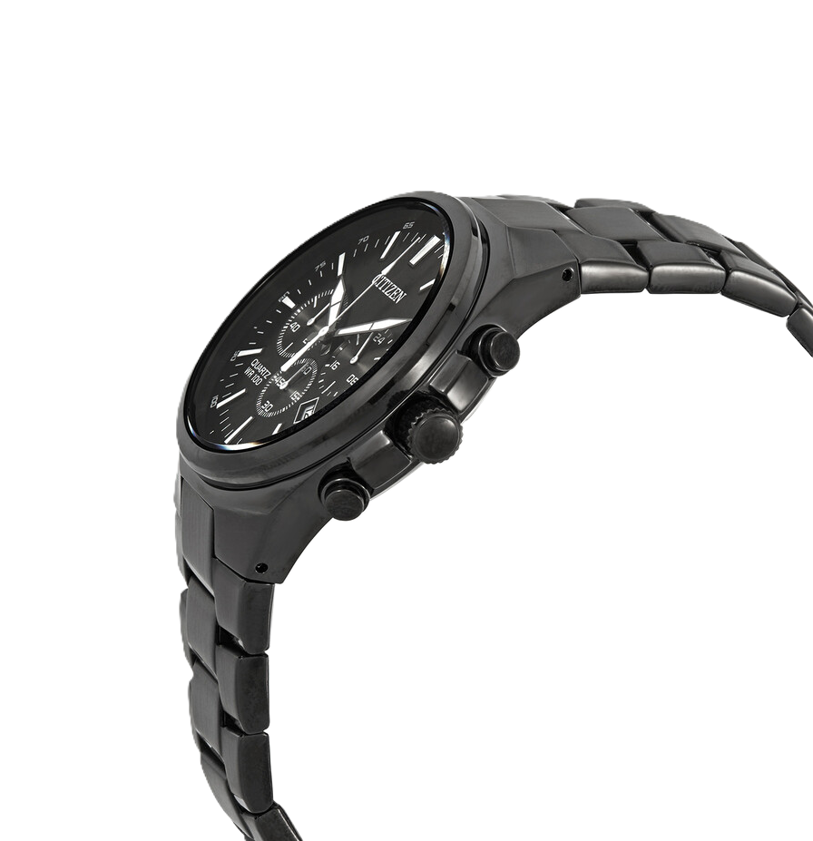 Citizen Black Stainless Steel Chronograph Watch with Black Dial and Luminescent Hands and Markers