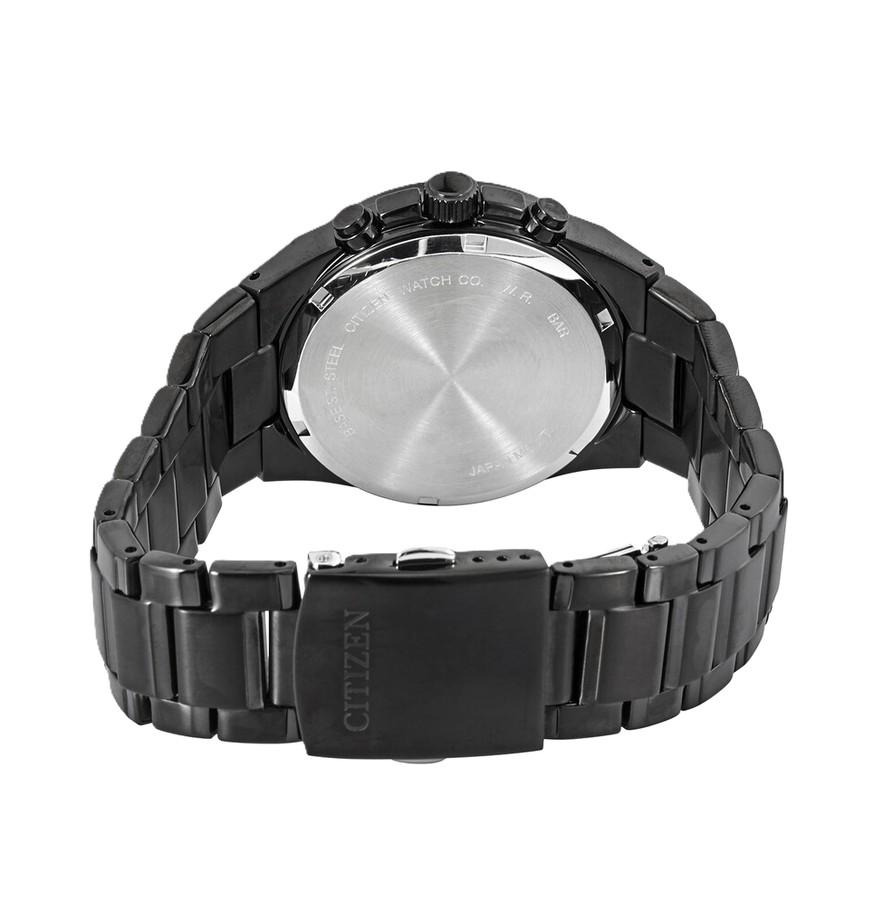 Citizen Black Stainless Steel Chronograph Watch with Black Dial and Luminescent Hands and Markers