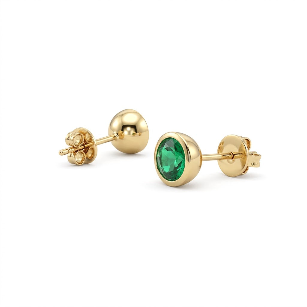 ROUND CREATED EMERALD STUD EARRINGS | 14K YELLOW GOLD | BEZEL-SET | E1741GCY - Brownee Jewelers