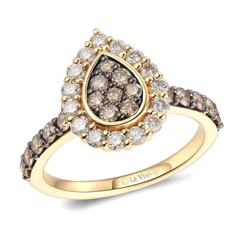 White and Chocolate Round Diamonds As A Pear-Shaped Ring in 14k Yellow Gold