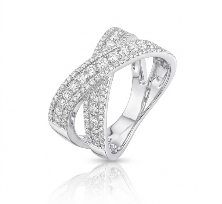 Round Brilliant Diamond Pavé Crisscross Ring | 14K White Gold | X Design Statement Band - Brownee Jewelers