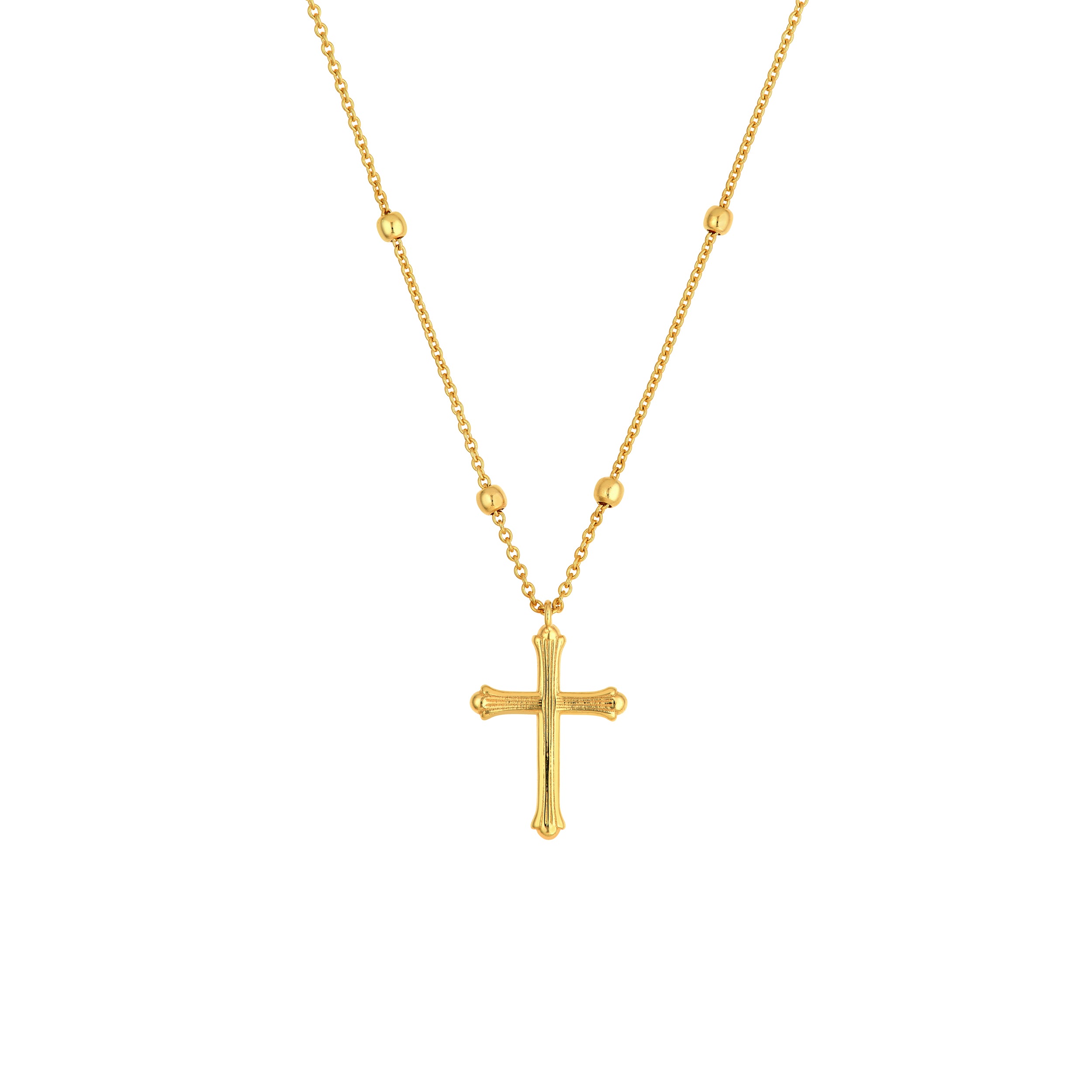 14K Yellow Gold Bead Station Cross Pendant Necklace Adjustable 18"