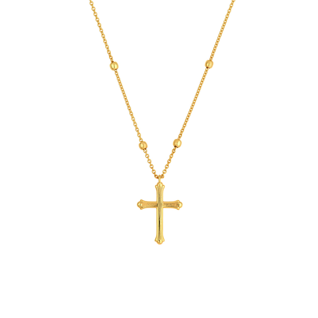 14K Yellow Gold Bead Station Cross Pendant Necklace Adjustable 18"