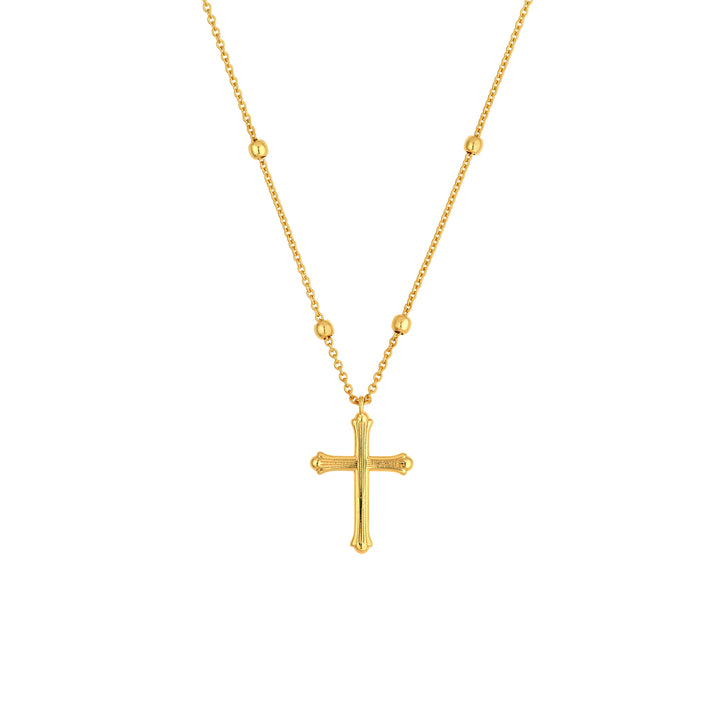 Bead Station Cross Pendant Necklace | 14K Yellow Gold | Cross Pendant & Bead Stations | Adjustable 18 Inches - Brownee Jewelers