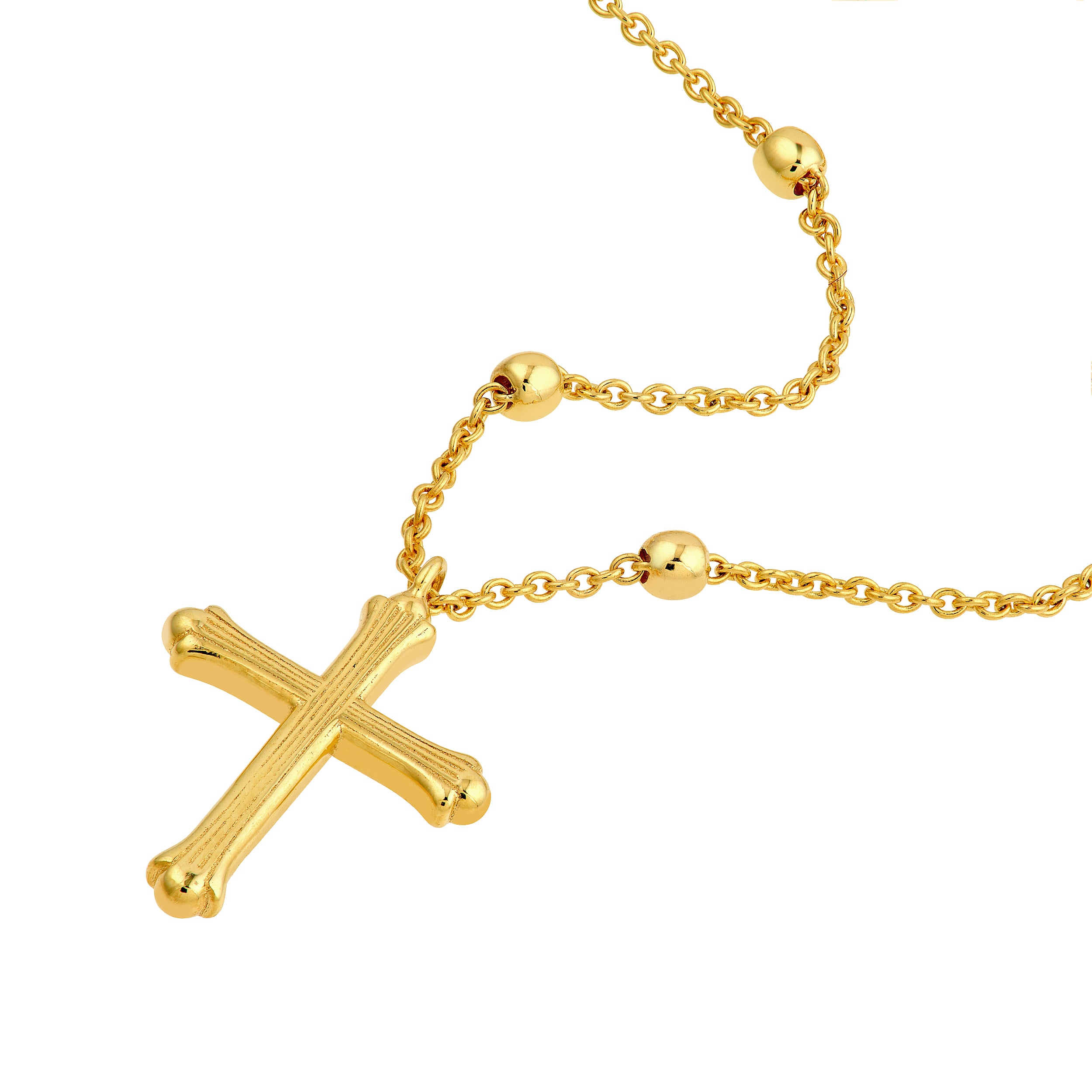 14K Yellow Gold Bead Station Cross Pendant Necklace Adjustable 18"