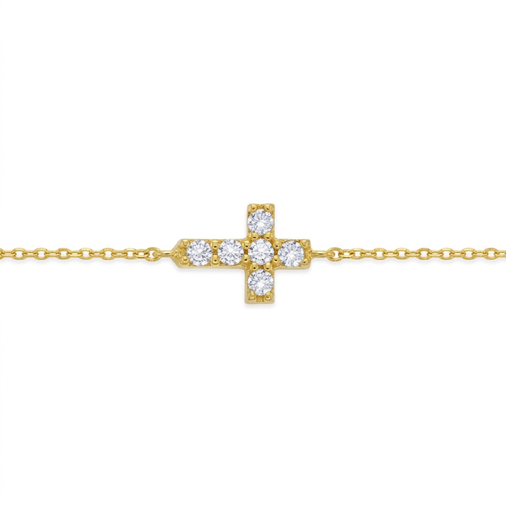 Adjustable 5 to 6 Inch Sterling Silver and 14K Yellow Gold-Plated Cubic Zirconia Cross Kids Bracelet