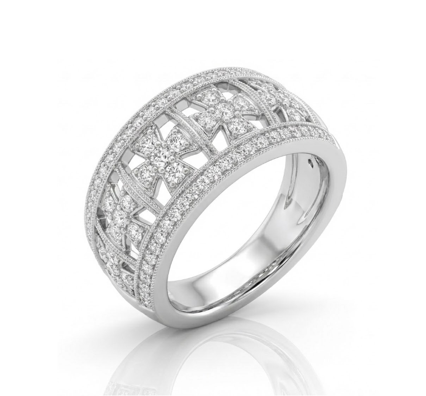 Diamond Cross Band Ring | 14K White Gold | Pavé Round Diamond Ring | Faith-Inspired Design - Brownee Jewelers
