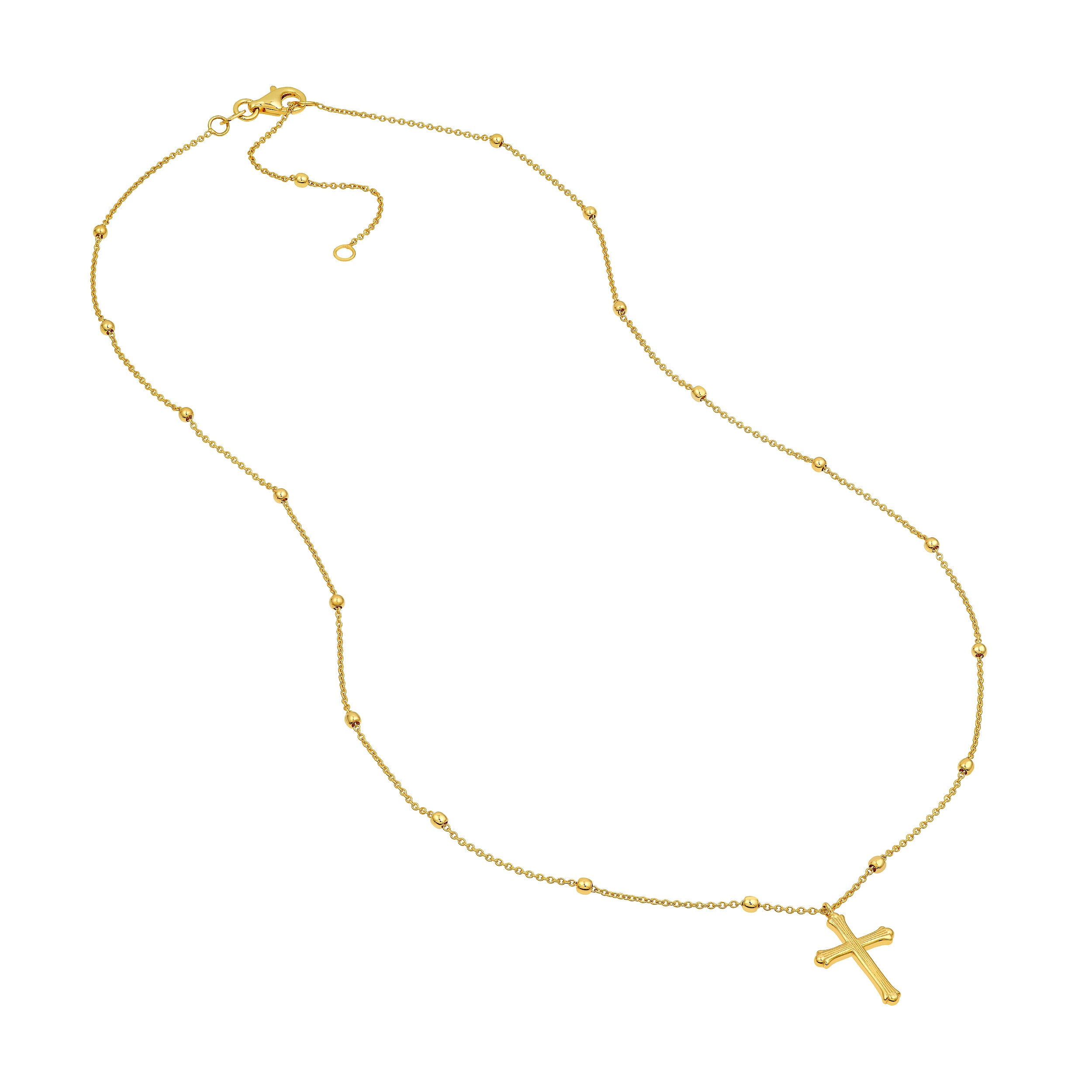 14K Yellow Gold Bead Station Cross Pendant Necklace Adjustable 18"