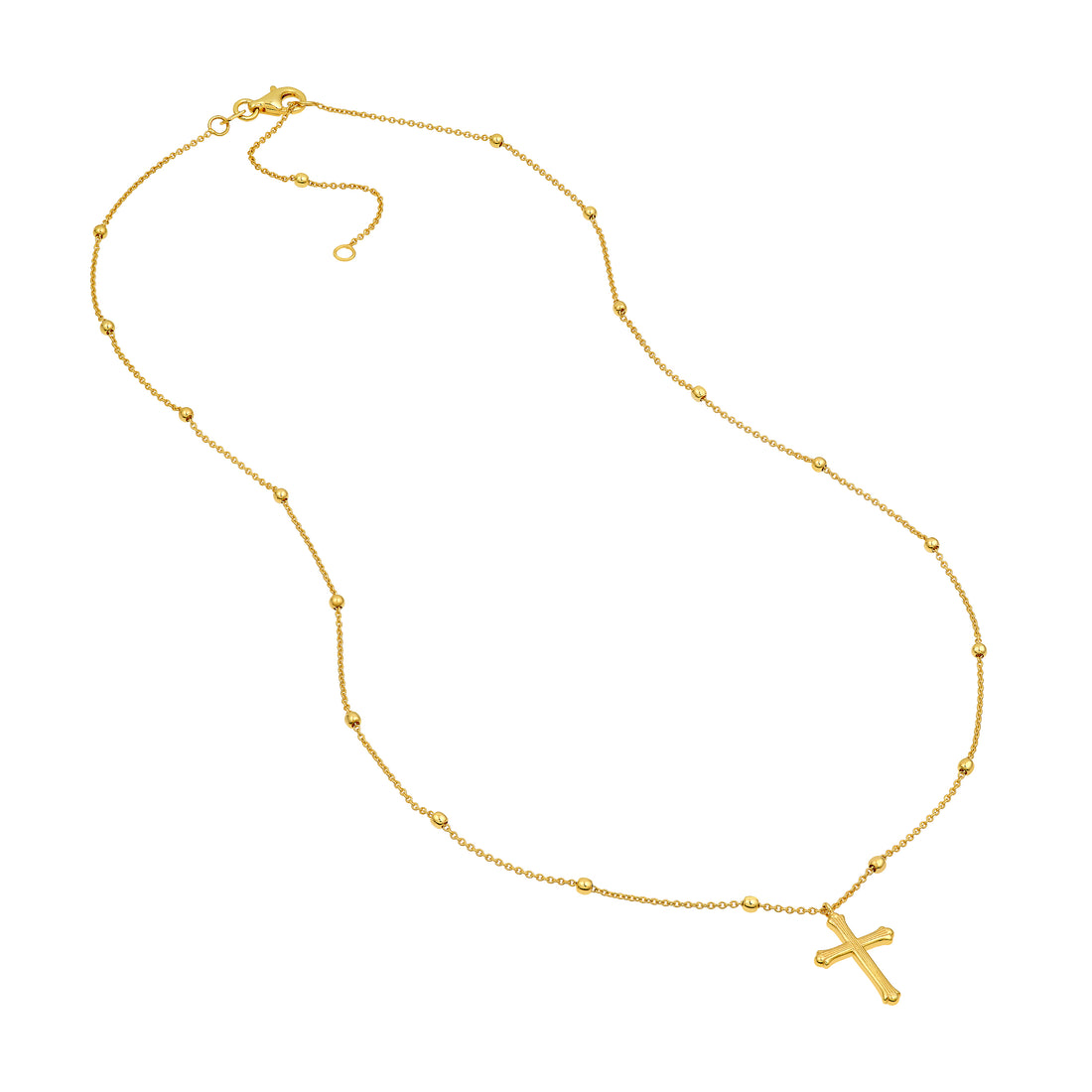 14K Yellow Gold Bead Station Cross Pendant Necklace Adjustable 18"