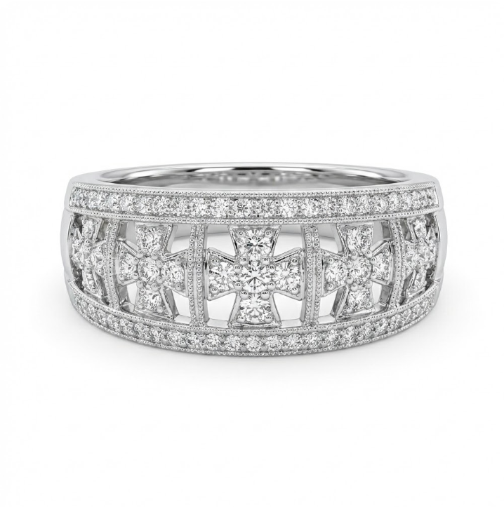 Diamond Cross Band Ring | 14K White Gold | Pavé Round Diamond Ring | Faith-Inspired Design - Brownee Jewelers