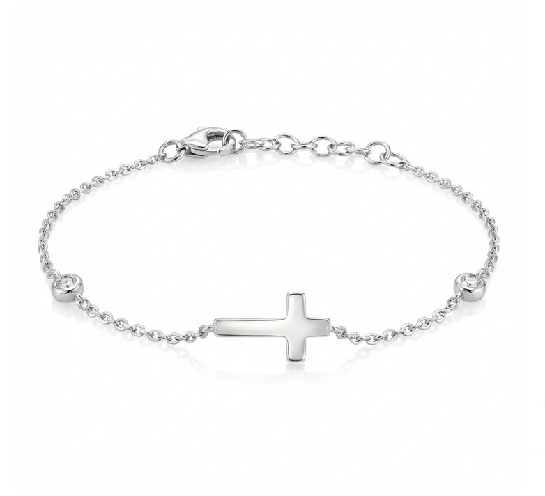 Diamond Bezel Cross Bracelet | 14K White Gold | 0.03 ctw Round Diamonds - Brownee Jewelers