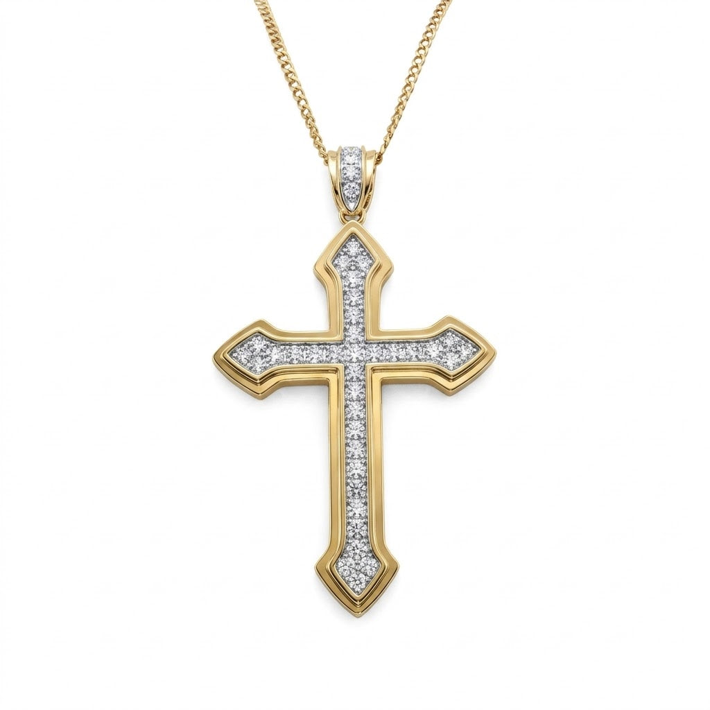 0K Yellow Gold 1.23ct Lab-Grown Diamond Cross Pendant with 22" Chain  Celebrate faith with brilliance in this stunning 10K yellow gold diamond cross pendant, featuring 1.23 carats of lab-grown diamonds arranged in a radiant, full-cut pattern that catches light from every angle. 