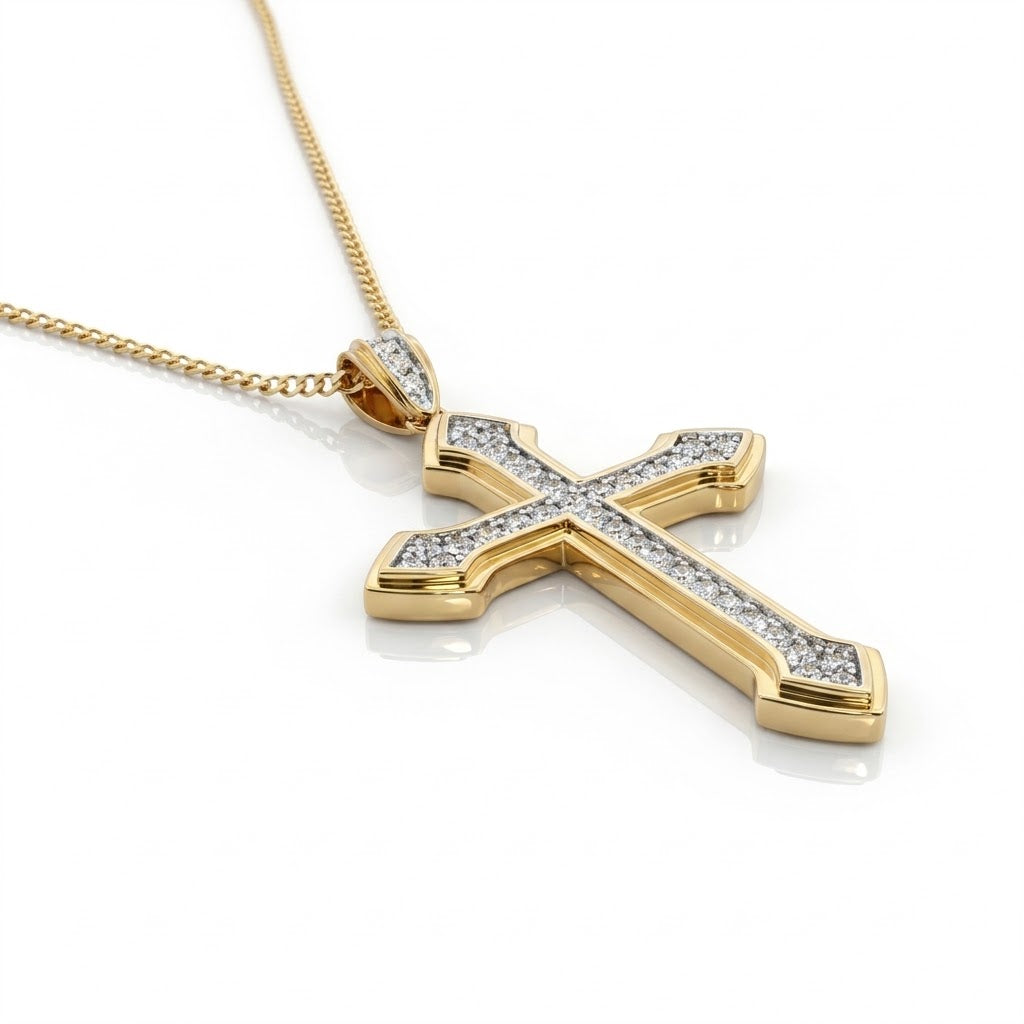 0K Yellow Gold 1.23ct Lab-Grown Diamond Cross Pendant with 22" Chain  Celebrate faith with brilliance in this stunning 10K yellow gold diamond cross pendant, featuring 1.23 carats of lab-grown diamonds arranged in a radiant, full-cut pattern that catches light from every angle. 
