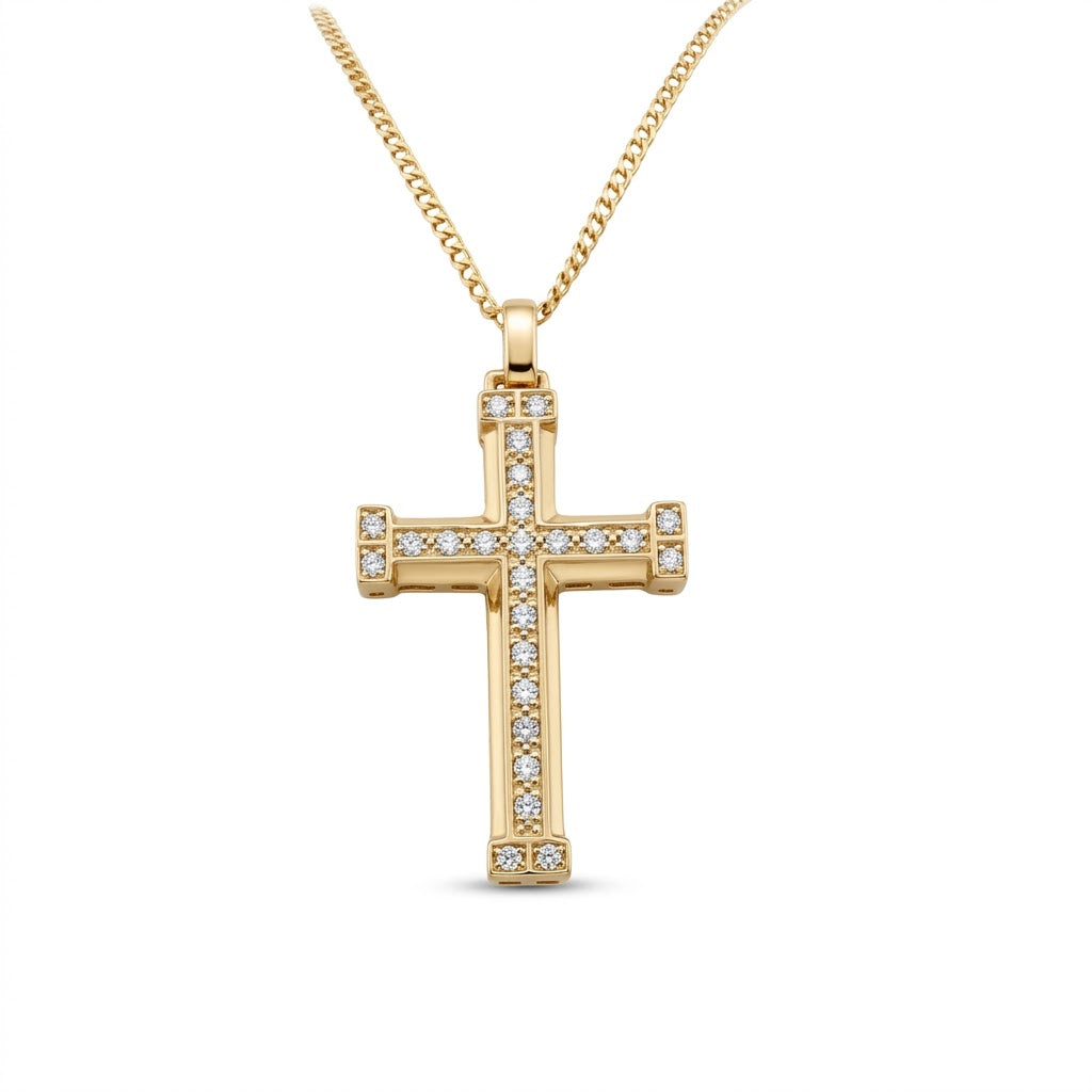 Round Diamond Square Cross Pendant Necklace IN 10K Yellow Gold