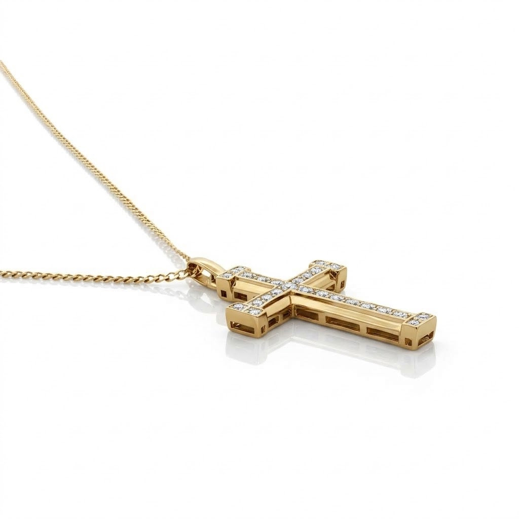 Round Diamond Square Cross Pendant Necklace IN 10K Yellow Gold