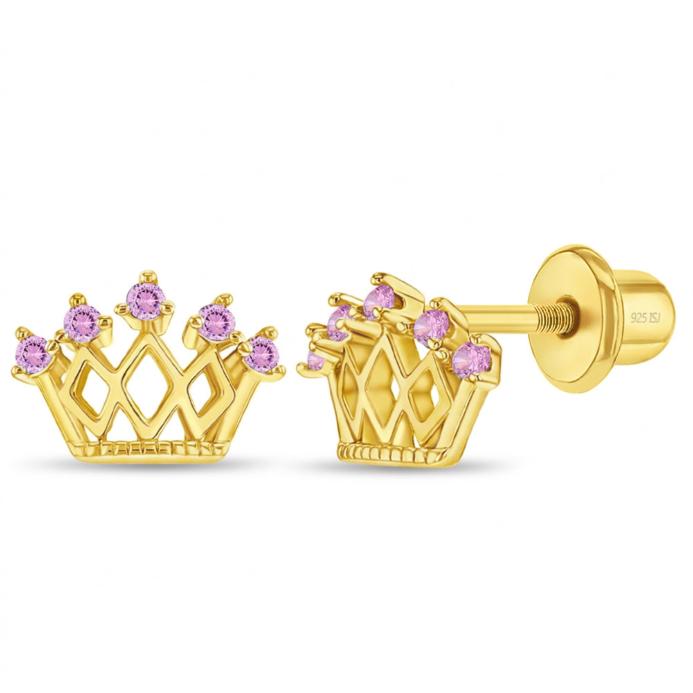 Sterling Silver & 14K Yellow Gold-Plated Pink CZ Crown Kids Stud Earrings with Screw Backs