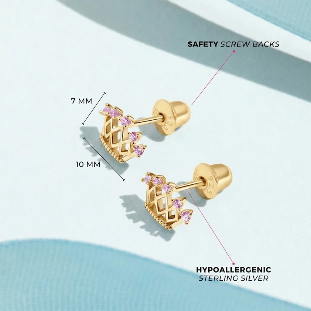 Sterling Silver & 14K Yellow Gold-Plated Pink CZ Crown Kids Stud Earrings with Screw Backs