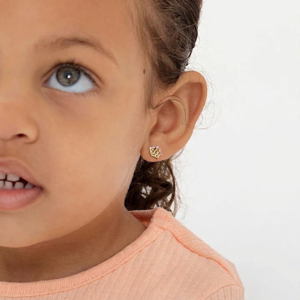 Sterling Silver & 14K Yellow Gold-Plated Pink CZ Crown Kids Stud Earrings with Screw Backs