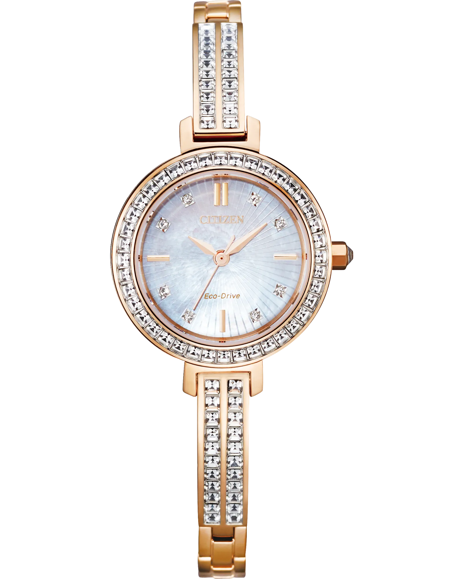 Silhouette Crystal | Citizen Eco-Drive Ladies Watch | Rose Gold-Tone Stainless Steel | White Dial Crystal Accents - Brownee Jewelers