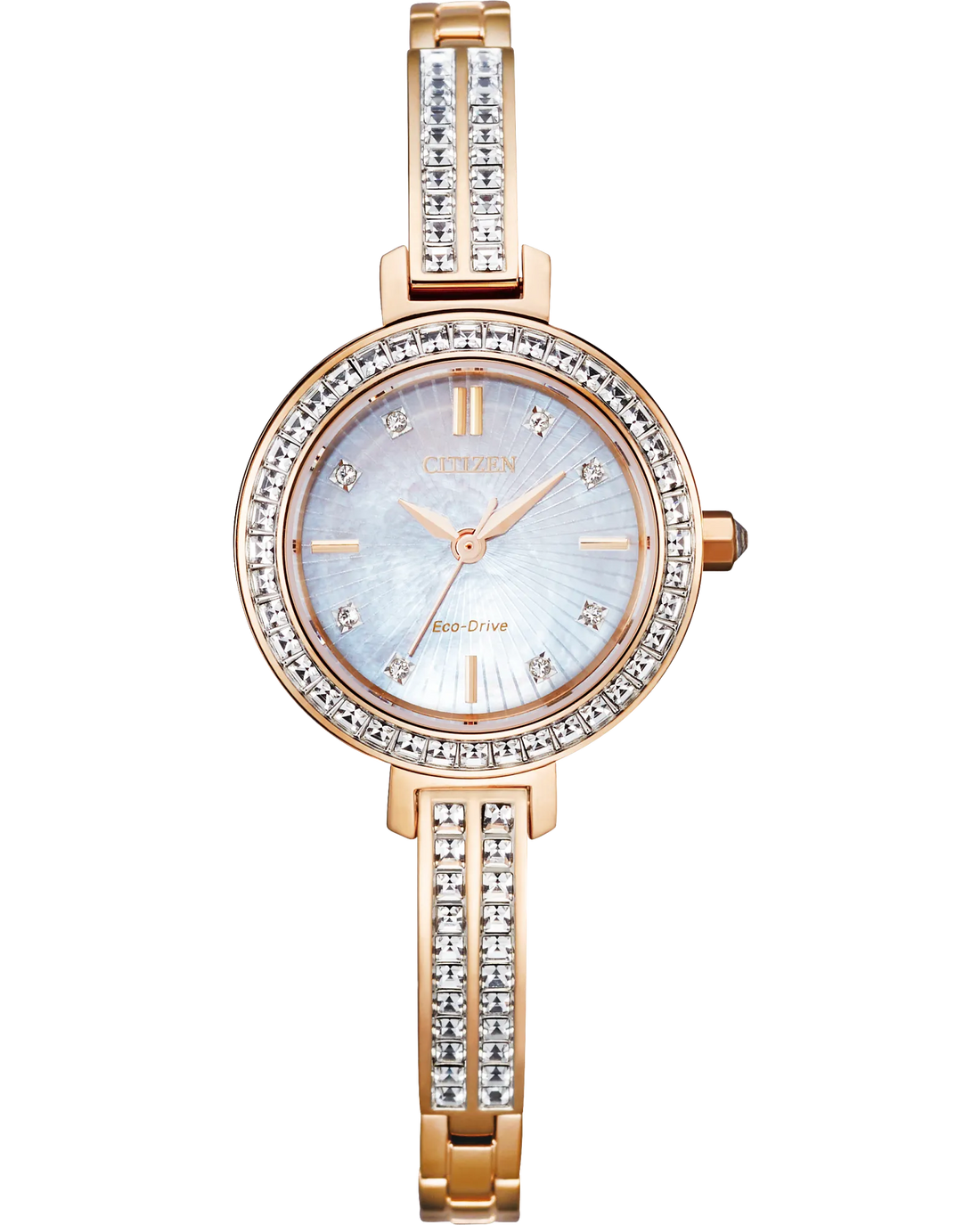 Silhouette Crystal | Citizen Eco-Drive Ladies Watch | Rose Gold-Tone Stainless Steel | White Dial Crystal Accents - Brownee Jewelers