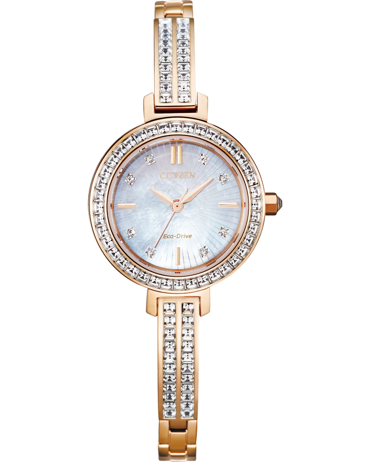 Silhouette Crystal | Citizen Eco-Drive Ladies Watch | Rose Gold-Tone Stainless Steel | White Dial Crystal Accents - Brownee Jewelers