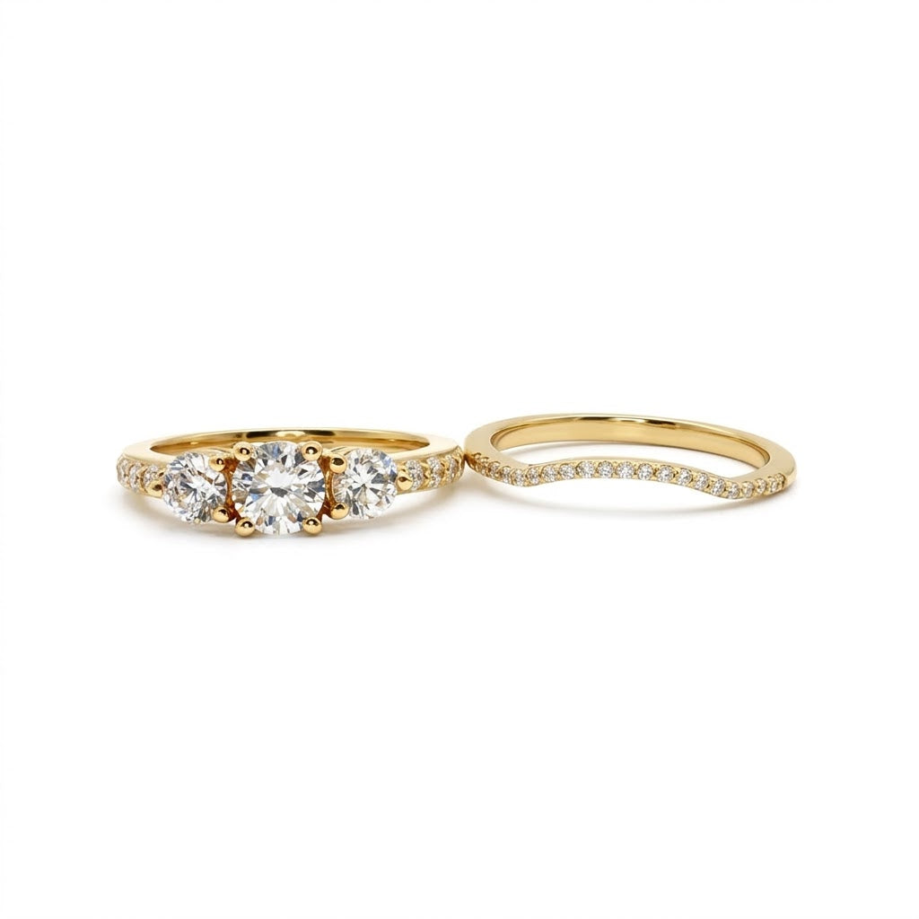 Round Diamond Bridal Set | 14K Yellow Gold | Three-Stone Diamond Engagement Ring Set | Pavé Matching Band - Brownee Jewelers
