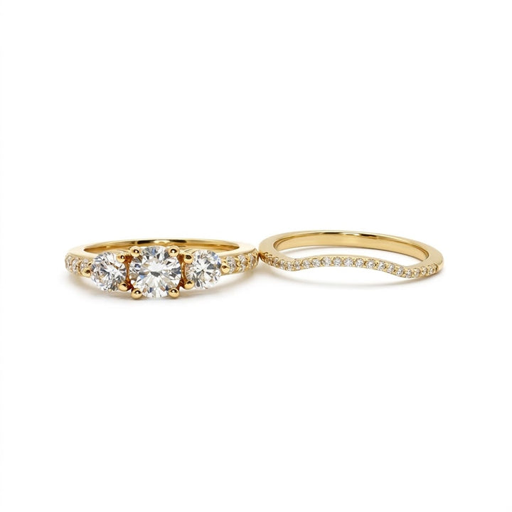 Round Diamond Bridal Set | 14K Yellow Gold | Three-Stone Diamond Engagement Ring Set | Pavé Matching Band - Brownee Jewelers